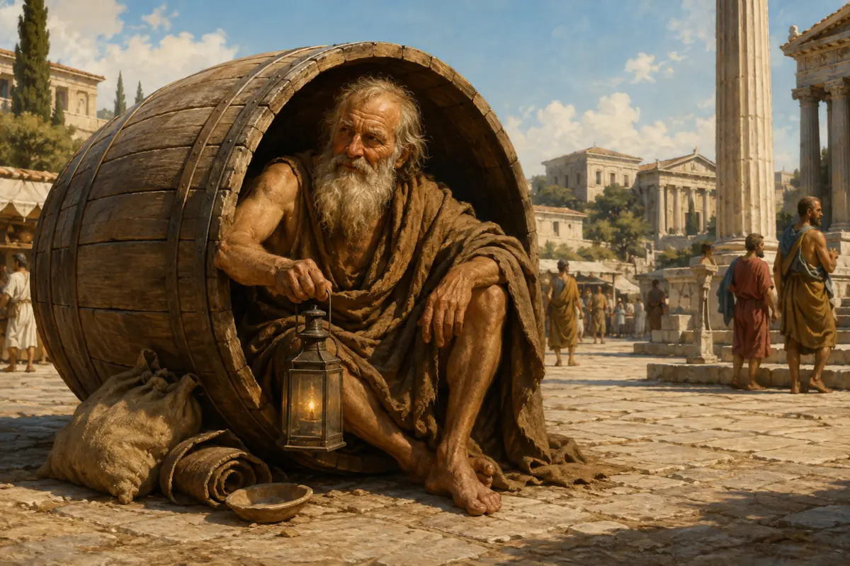 Illustration de Diogène de Sinope dans son tonneau